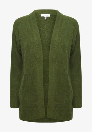 Alyvuogių žalia megztinis pagamintas iš tekstūrinio trikotažo, atviras priekyje, ilgomis rankovėmis, su įgulemiais kraštais ir šoninėmis kišenėmis.