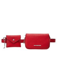 Sac banane en cuir rouge avec deux compartiments ; un rectangulaire avec fermeture éclair, un petit style enveloppe avec bouton-pression et porte-clés.