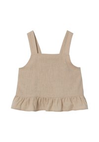 Top senza maniche beige chiaro in un morbido tessuto texture, con scollo squadrato e orlo arricciato lungo il bordo inferiore.