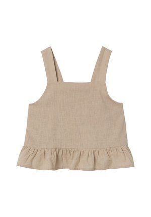 Top senza maniche beige chiaro in un morbido tessuto texture, con scollo squadrato e orlo arricciato lungo il bordo inferiore.