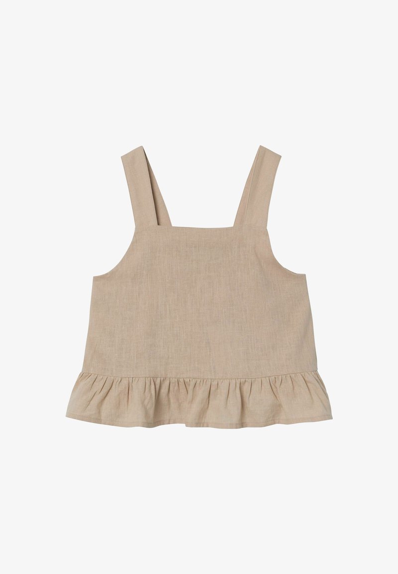 Top senza maniche beige chiaro in un morbido tessuto texture, con scollo squadrato e orlo arricciato lungo il bordo inferiore.