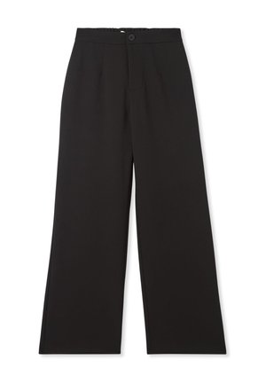 Pantaloni neri a gamba larga con una texture di tessuto liscia, pince frontali, chiusura con bottone e vita elasticizzata per il massimo comfort.