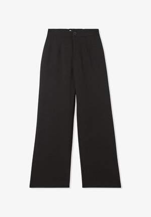 Pantaloni neri a gamba larga con una texture di tessuto liscia, pince frontali, chiusura con bottone e vita elasticizzata per il massimo comfort.