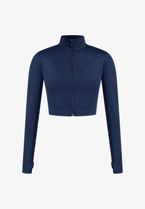 Marineblauwe cropped jack van glad, rekbaar stoffen. Heeft een hoge kraag en lange mouwen, met een volledige rits aan de voorkant.