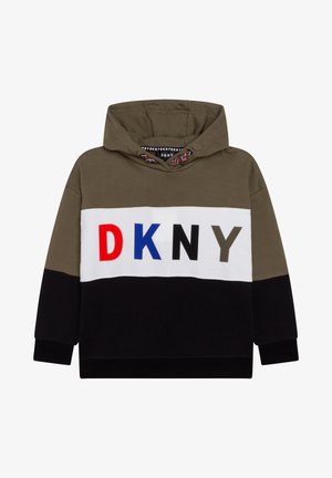 Felpa con cappuccio con pannelli verde oliva, bianco e nero. Presenta un grande logo "DKNY" in rosso, blu e grigio. Tessuto morbido con una vestibilità comoda.