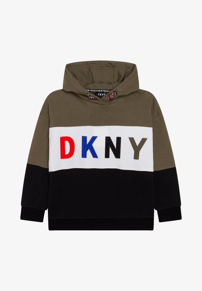 Hooded sweatshirt with olive green, white, and black panels. Features large "DKNY" logo in red, blue, and gray. Soft fabric with a relaxed fit.