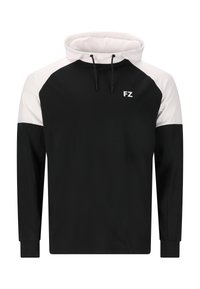 Hoodie med långa ärmar, svart kropp, vita raglanärmar, dragsko och "FZ"-logotyp på bröstet. Slät tygstruktur.