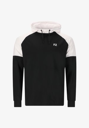 Hoodie med långa ärmar, svart kropp, vita raglanärmar, dragsko och "FZ"-logotyp på bröstet. Slät tygstruktur.