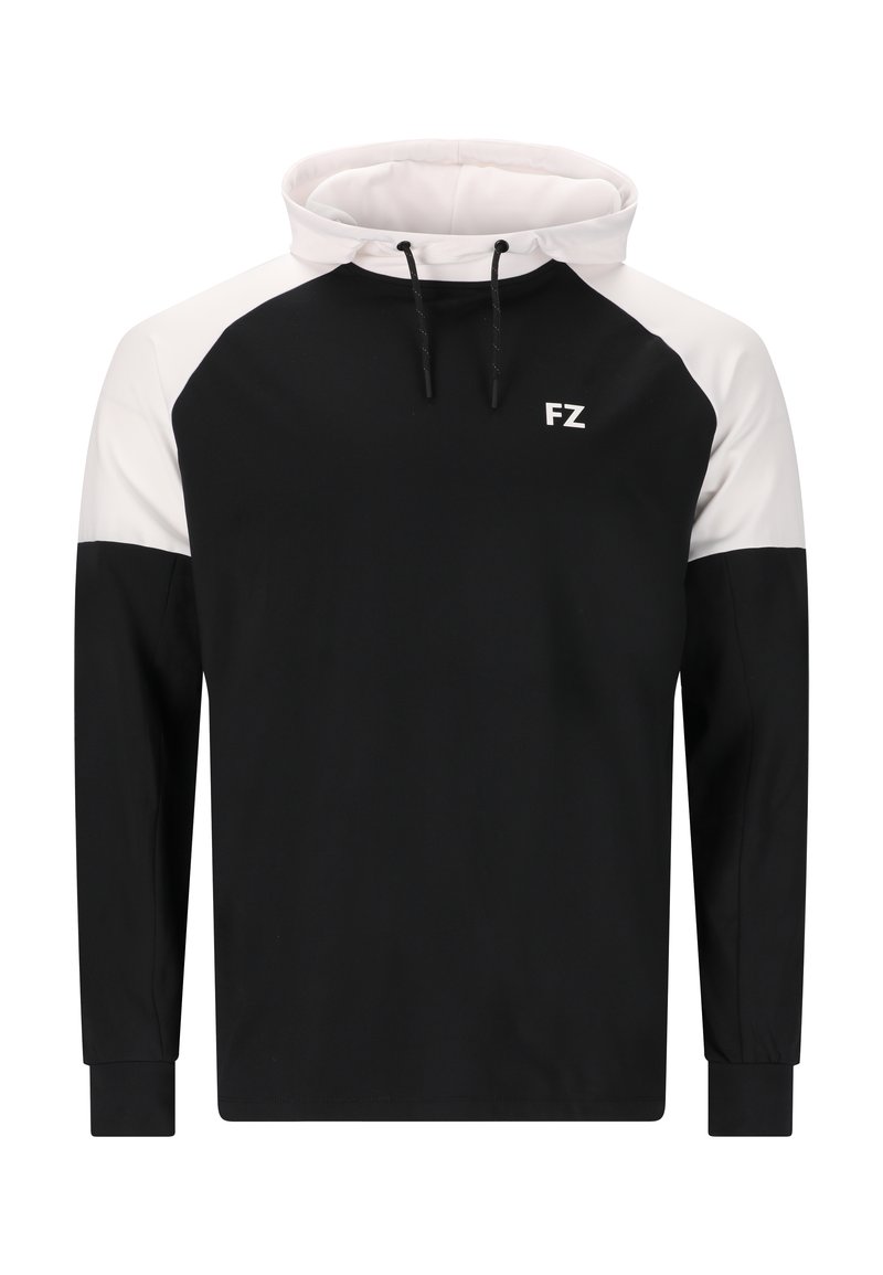 Hoodie med långa ärmar, svart kropp, vita raglanärmar, dragsko och "FZ"-logotyp på bröstet. Slät tygstruktur.