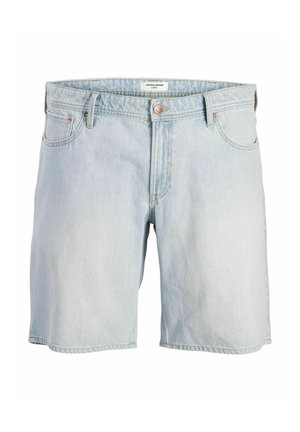 Pantaloni shorts in denim azzurro chiaro con taglio dritto. Le caratteristiche includono una chiusura con bottone e zip, cinque tasche e dettagli di cucitura a vista.