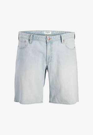 Hellblaue Jeansshorts mit geradem Schnitt. Zu den Merkmalen gehören ein Knopf- und Reißverschluss, fünf Taschen und sichtbare Nähte.