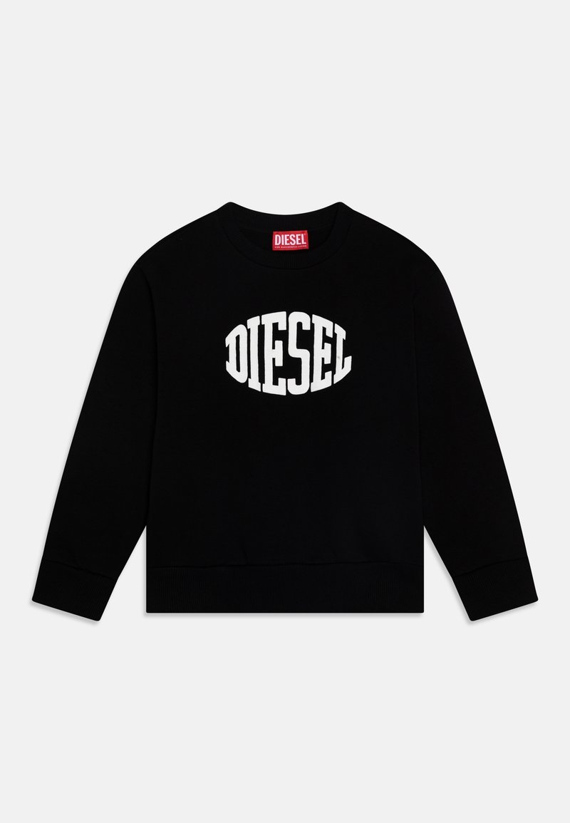 Sweat-shirt noir en coton avec un col rond, arborant un logo "DIESEL" blanc à l'avant et des poignets et un ourlet côtelés.