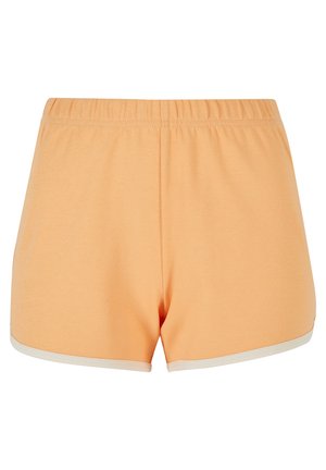 Miękkie pomarańczowe bawełniane szorty z elastycznym pasem, z białym wykończeniem na dolnej krawędzi i luźnym krojem.