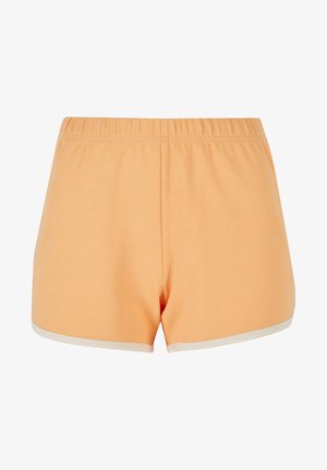 Mehki oranžni bombažni kratki hlače z elastičnim pasom, z belim robom na robu in sproščenim krojem.