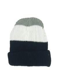Dziergana czapka w ciemnym granacie, bieli i szarości. Posiada żebrowaną teksturę, podwinięty brzeg oraz poziome paski kolorów.