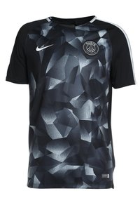 Czarny i szary sportowy top z krótkim rękawem, z geometrycznym wzorem, okrągłym dekoltem oraz logo PSG na piersi.