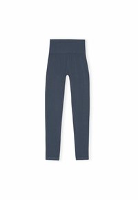 Leggings de color gris oscuro, confeccionadas en una tela suave, con una cinturilla elástica amplia, piernas ajustadas y una textura lisa sin patrones visibles.