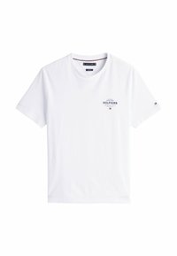 White cotton t-shirt, round neckline, short sleeves, features small blue "HILFIGER" logo on chest, red and blue accents on sleeve.