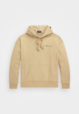 Μπεζ φούτερ με μπροστινή τσέπη, κουκούλα με κορδόνι και ριμπ τελειώματα. Διαθέτει μαύρο λογότυπο στο αριστερό στήθος και μαλακό βαμβακερό υλικό.