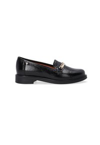 Schwarze Leder-Lederschuhe mit strukturiertem Finish, runder Zehenform und kleinem Blockabsatz. Mit einer dekorativen goldfarbenen Kettenakzentuierung auf dem Vorderblatt.