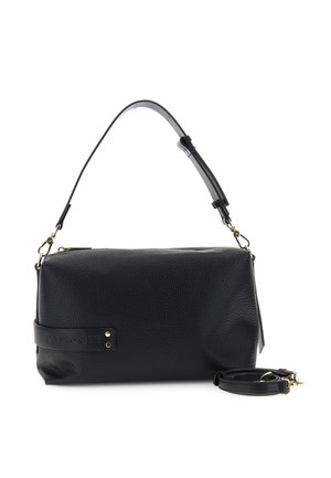 Zwarte gestructureerde leren schoudertas met verstelbare band en gouden beslag, met geperst "CAFèNOIR" logo aan de zijkant.