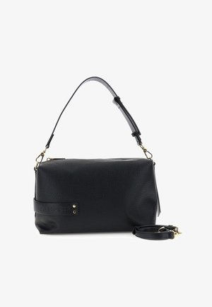 Sac à bandoulière en cuir noir texturé avec bandoulière réglable et fermoirs dorés, avec le logo "CAFèNOIR" embossé sur le côté.