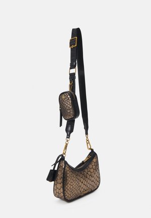 Black and gold faux leather shoulder bag with a fish scale pattern, featuring a detachable small pouch, gold hardware, and adjustable strap.