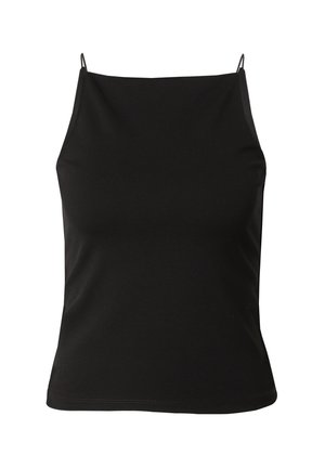 Zwarte mouwloze top van gladde stof, met dunne bandjes, een slim fit ontwerp en een rechte zoom. Geen patronen of versieringen.