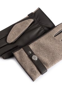 Brown leather and felt gloves with a smooth texture, featuring a black leather band and metal hardware for closure. Gloves have a fitted design.