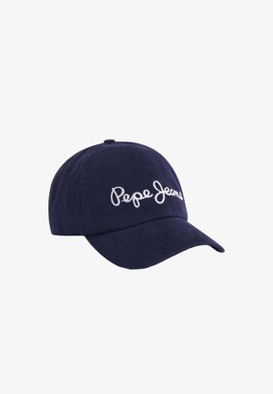 Gorra de algodón azul marino con visera curva y logo bordado en blanco de "Pepe Jeans" en la parte frontal. Cuenta con orificios de ventilación en los laterales.
