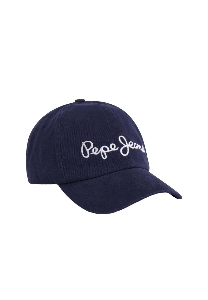 Gorra de algodón azul marino con visera curva y logo bordado en blanco de "Pepe Jeans" en la parte frontal. Cuenta con orificios de ventilación en los laterales.