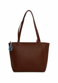 Brūna teksturēta somiņa ar divām rokām, kurai ir zila birka un rāvējslēdzēja aizdare. Iekšpuse nav redzama. Vienkārša, strukturēta forma.