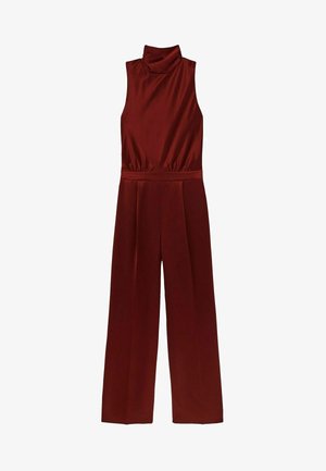 Bordeauxfarvet ærmeløs jumpsuit med høj hals, elastisk talje og bred bendesign, lavet af glat, letvægtsstof med en subtil glans.