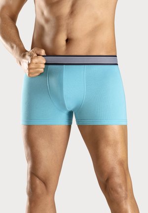 Light blue men's boxer briefs with a blue and white striped waistband, featuring a snug fit and smooth texture. Close-up view of the front.