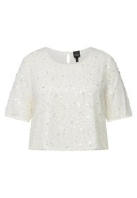 Top corto bianco con maniche corte, decorato con paillettes e motivi floreali, con dettagli a forma di chiave sul retro.