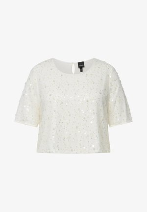 Valkoinen lyhythihainen toppi, jossa on lyhyet hihat, koristeltu helmillä ja kukkakuvioilla, ja siinä on avorakenne takana.