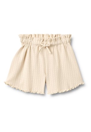 Beige ribbet stofshorts med elastisk, rynket talje, frontsløjfe og bølgede kantkanter.