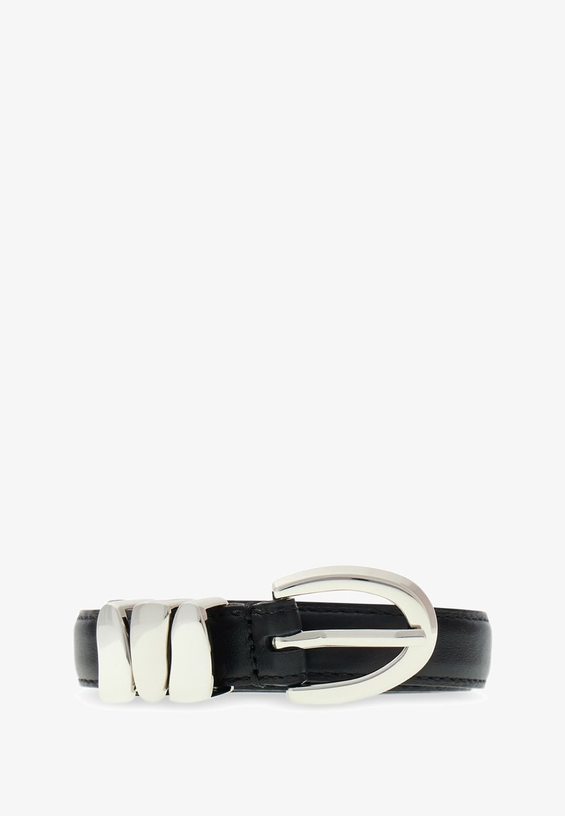 Black leather belt featuring a silver-tone curved buckle and three polished accents. The belt is sleek and narrow in design.