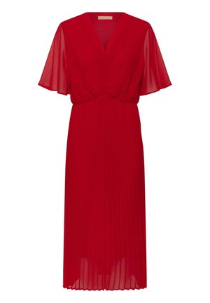 Red midi dress with V-neck, pleated skirt, gathered waist, and sheer flutter sleeves.