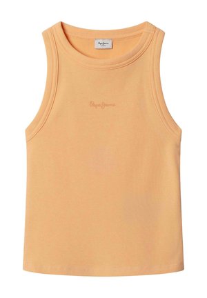 Camiseta sin mangas de color melocotón con textura acanalada, escote redondo y un sutil logotipo bordado de "Pepe Jeans" en el centro del pecho.