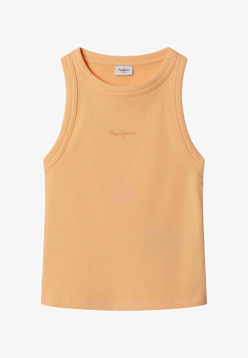 Bezrukávové rebrované tielko broskyňovej farby s okrúhlym výstrihom a jemným vyšívaným logom "Pepe Jeans" v strede na hrudi.