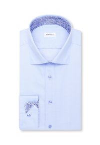Chemise habillée bleu clair en tissu lisse, présentant un motif paisley contrastant à l'intérieur du col et des poignets. Six boutons sur le devant.