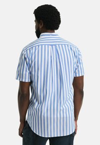 Korte mouwen overhemd met verticale blauwe en witte strepen, voorzien van een button-down kraag en een achterste plooi voor een betere pasvorm.