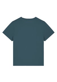 T-shirt à manches courtes en bleu sarcelle profond, avec un col rond et une texture lisse, présentant un dos sans ornements.