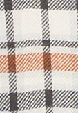 White fabric with a checkered pattern featuring black, gray, brown, and orange lines. Textured weave with varying line thicknesses.