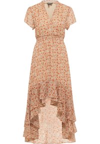 Robe imprimée florale beige clair avec des fleurs oranges. Manches courtes, décolleté en V, taille cintrée et ourlet asymétrique superposé. Tissu léger.