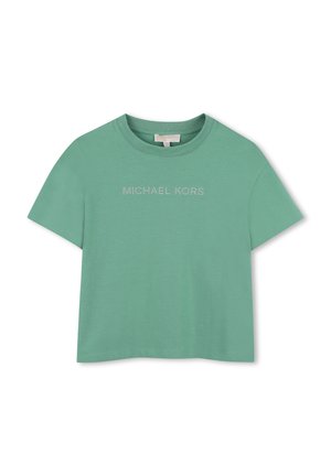 Groen cropped t-shirt met korte mouwen en de tekst "MICHAEL KORS" van strass steentjes op de borst, met een ronde halslijn.