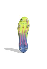 Cleat shoe sole in bright neon yellow and blue, featuring six protruding studs and pink traction elements. F50 branding visible.