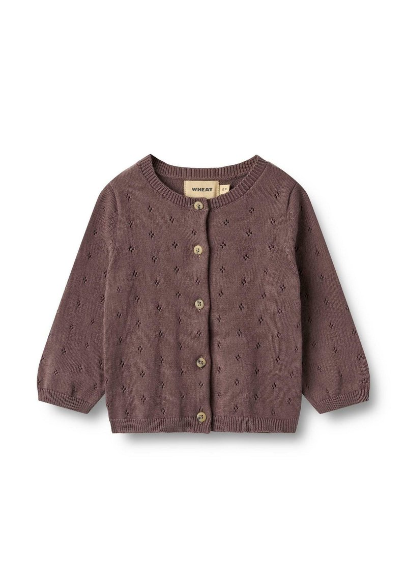 Cardigan tricoté violet à manches longues, col rond et cinq boutons en bois. Présente un motif texturé en diamants sur l'ensemble.