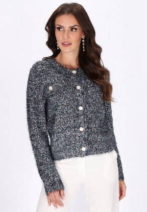 Blue textured knit cardigan with a round neckline, long sleeves, and large cream buttons down the front. Soft, cozy appearance.